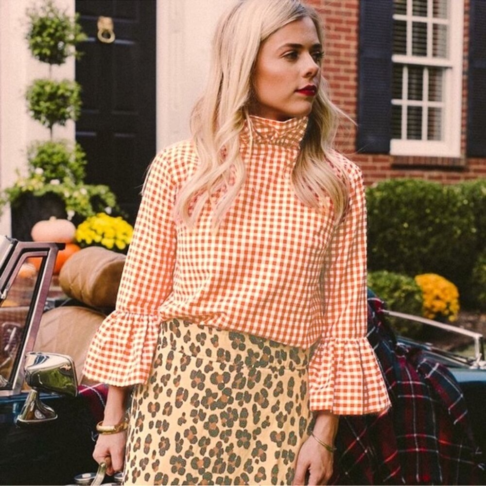 Elizabeth Wilson Katherine Top Gingham Plaid Check Ruffle Neck Orange White XL - Picture 2 of 9